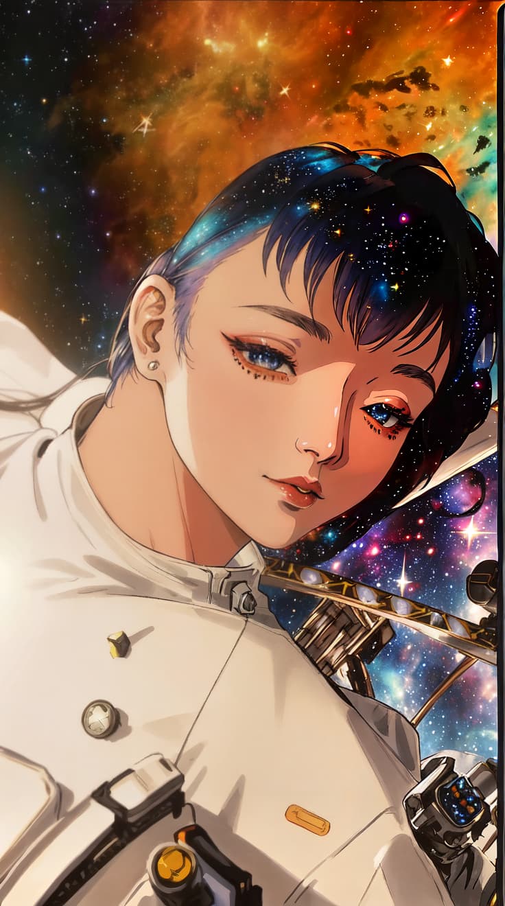  anime style, astronaut in space, fully detailed outer space background with stars, galaxies, nebulae, vibrant colors, wearing detailed space suit, cosmic scene, highly detailed spacesuit, complete space environment, clothing replace, space suit hyperrealistic, full body, detailed clothing, highly detailed, cinematic lighting, stunningly beautiful, intricate, sharp focus, f/1. 8, 85mm, (centered image composition), (professionally color graded), ((bright soft diffused light)), volumetric fog, trending on instagram, trending on tumblr, HDR 4K, 8K