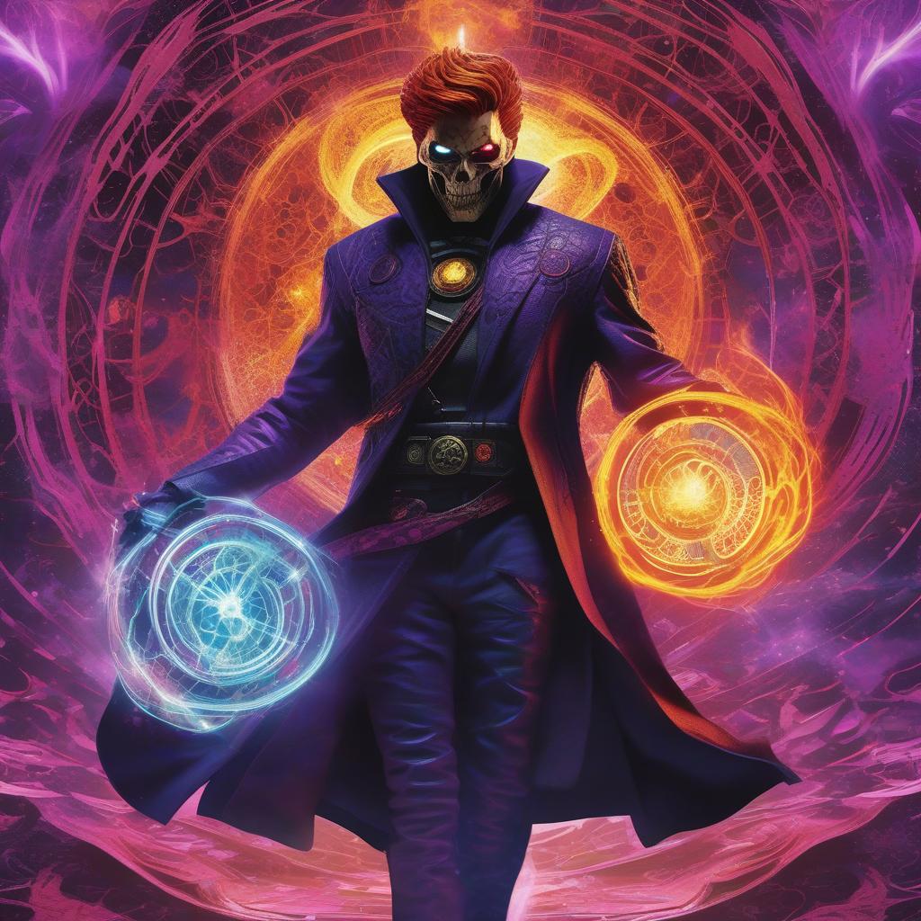  masterpiece, best quality, A {dualistically androgynous} figure resembling Ghost rider /Doctor Strange, but with more hell Spawn appearance. The character is surrounded by swirling energies representing the concept of dualism, with purple and dark elements intertwining around them. The environment is a cosmic realm with floating geometric shapes and chakra celestial bodies. The mood is mystical, quantum and otherworldly, with a sense of balance between opposing forces. The style is a surreal digital artwork with vibrant colors and intricate details. The lighting is ethereal, with a soft glow emanating from the character and their surroundings. Created using advanced rendering engine settings to achieve a surreal and fantastical look/futu