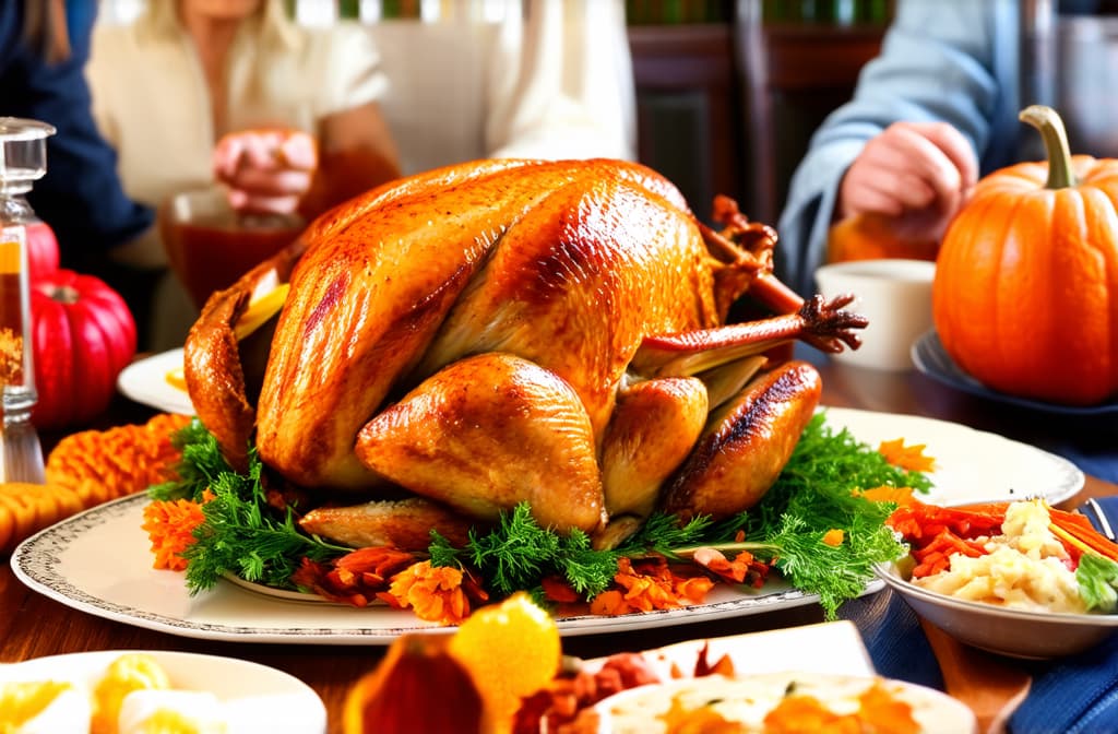  people of all ages and nationalities celebrate thanksgiving at home with turkey on the table ar 3:2 {prompt}, maximum details