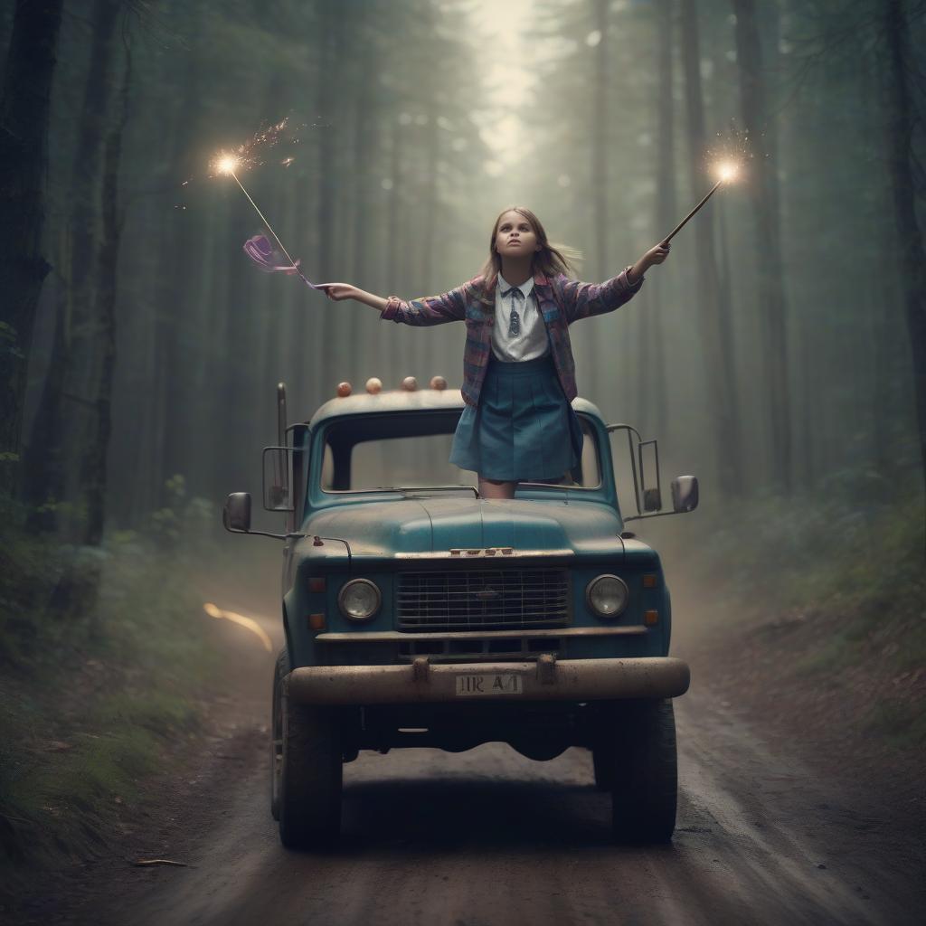  cinematic film still advertising game, big schoolgirl flies a truck waving a magic wand, on a dirty forest road, photorealism, 4k . shallow depth of field, vignette, highly detailed, high budget, bokeh, cinemascope, moody, epic, gorgeous, film grain, grainy