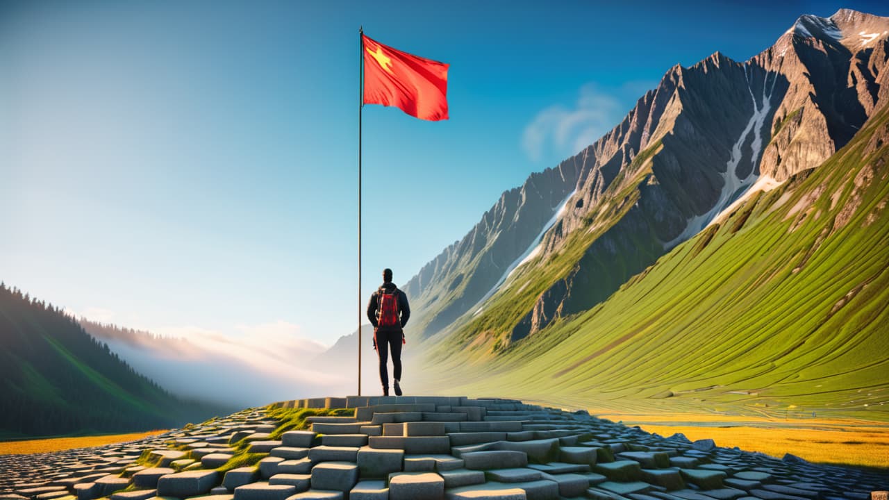  a colorful illustration of a person standing at the base of a mountain, looking up at a flag atop the peak, surrounded by stepping stones labeled with various goals and achievements. hyperrealistic, full body, detailed clothing, highly detailed, cinematic lighting, stunningly beautiful, intricate, sharp focus, f/1. 8, 85mm, (centered image composition), (professionally color graded), ((bright soft diffused light)), volumetric fog, trending on instagram, trending on tumblr, HDR 4K, 8K