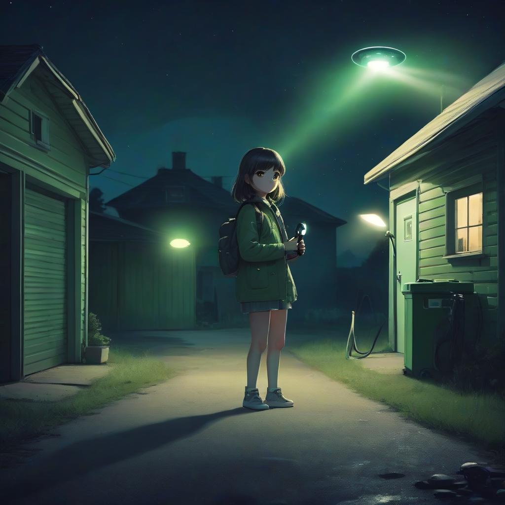  girl with a flashlight in her hands near a garage in the village, night, green tones, ufo in the sky