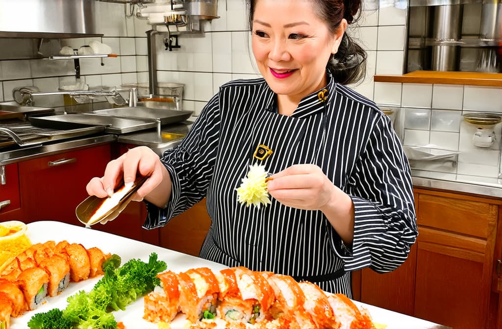  adult japanese woman cook in restaurant kitchen preparing sushi /np (deformed, distorted, disfigured:1.3), poorly drawn, bad anatomy, wrong anatomy, extra limb, missing limb, floating limbs, (mutated hands and fingers:1.4), (text, watermark:1.1), disconnected limbs, mutation, mutated, ugly, disgusting, blurry, amputation ar 3:2 {prompt}, maximum details