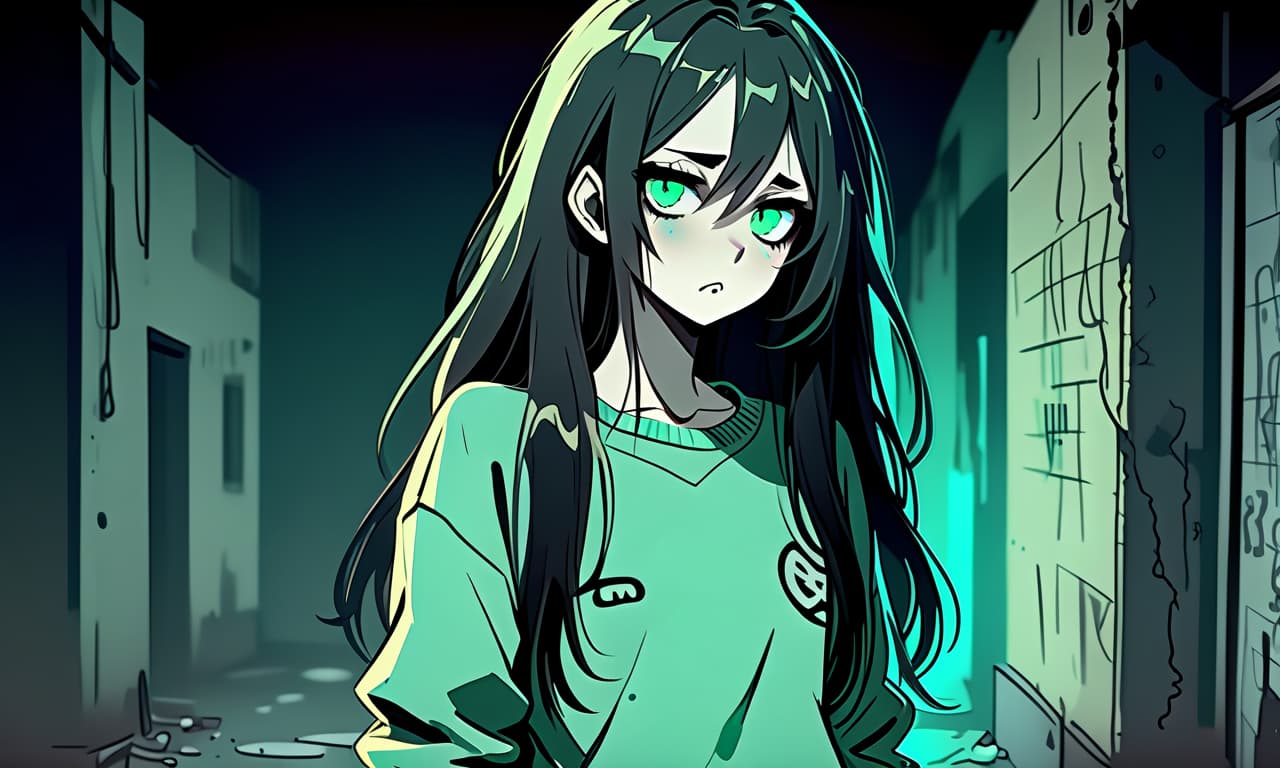  grunge style a girl in anime style with long black hair stands in the dark dressed in a sweater of warm pastel green color and pants. the girl looks into the darkness with black lower eyelids under the eyes full of fear of the unknown and curiosity, and the bright turquoise eyes themselves stand out against the background of everything. the colors in the image are dark and warm. . textured, distressed, vintage, edgy, punk rock vibe, dirty, noisy