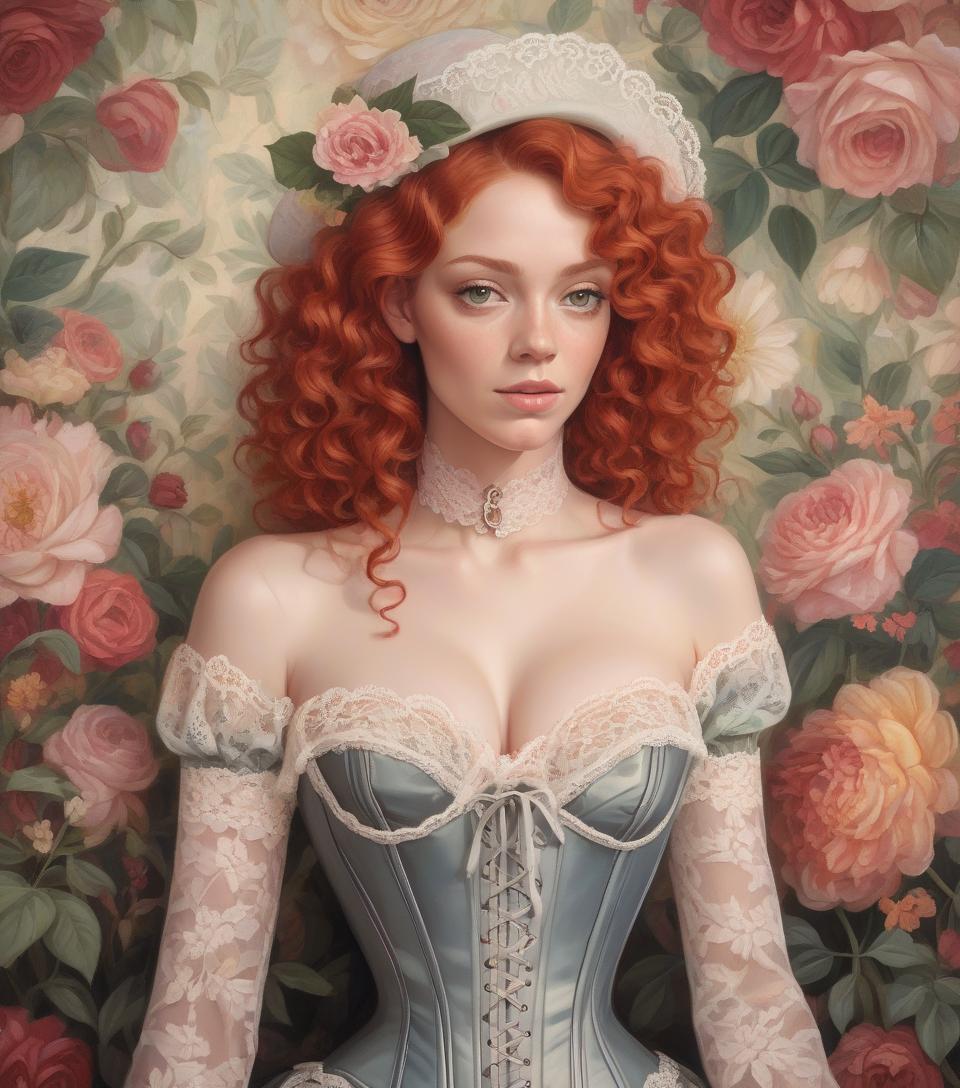  an illustration of a woman with curly red hair, a floral hat, and a lace corset against a floral backdrop. oil painting , masterpiece. perfect anatomy