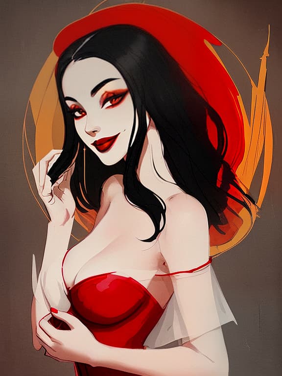  symbolism. girl. beautiful. black hair, red lips. he holds a mask in his hand. smile. it looks like a witch. the style of the image is symbolism. the background is mysterious abstract.