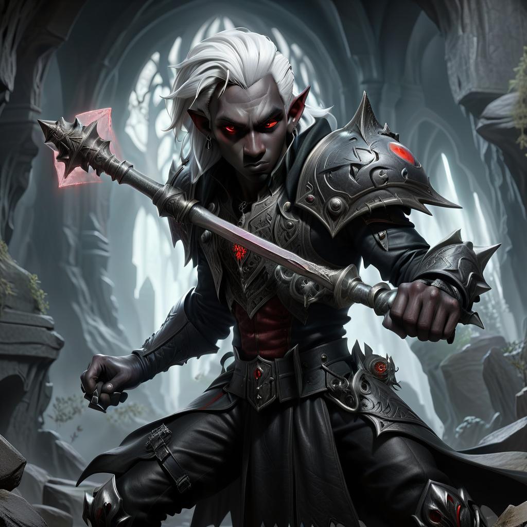  gothic style drow male elf cleric, graphite color skin, red eyes, silver medium haircut, black leather jacket, iron battle mace, traveler shoulder bag, dark cave temple . dark, mysterious, haunting, dramatic, ornate, detailed, civitai