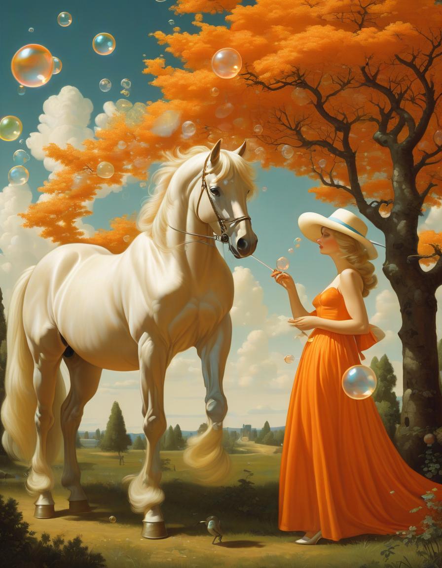  retro game art a woman in an orange dress and a white hat blows bubbles with a stick, a white horse is standing next to her. a bird is sitting on her head. in the background are trees and the sky. in the style of andrey remnev . 16 bit, vibrant colors, pixelated, nostalgic, charming, fun