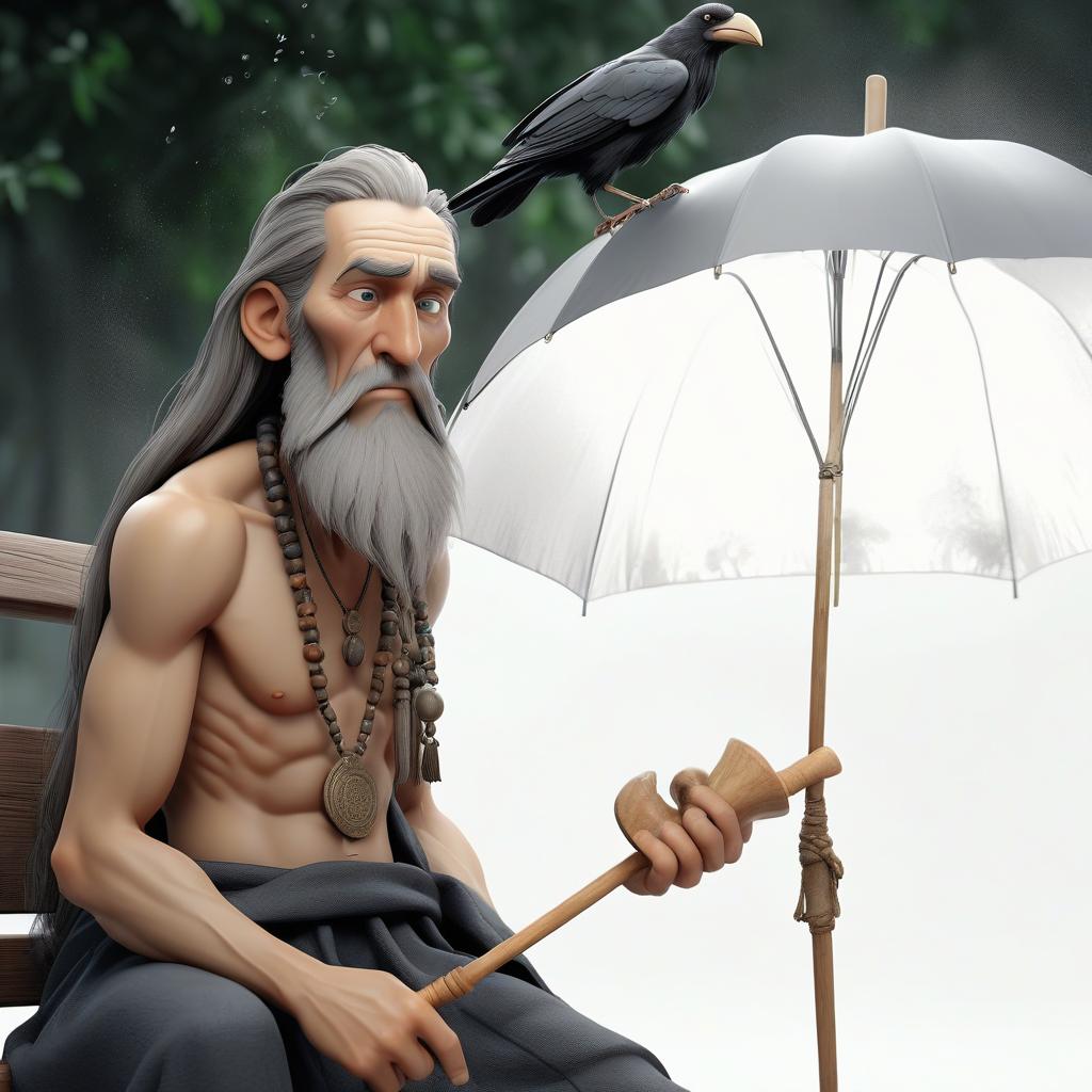  professional 3d model a man sitting on a bench holding an umbrella shaman with tambourine, gray, long beard, long hair, old men, perfume, magic, crows . octane render, highly detailed, volumetric, dramatic lighting, hkmagic