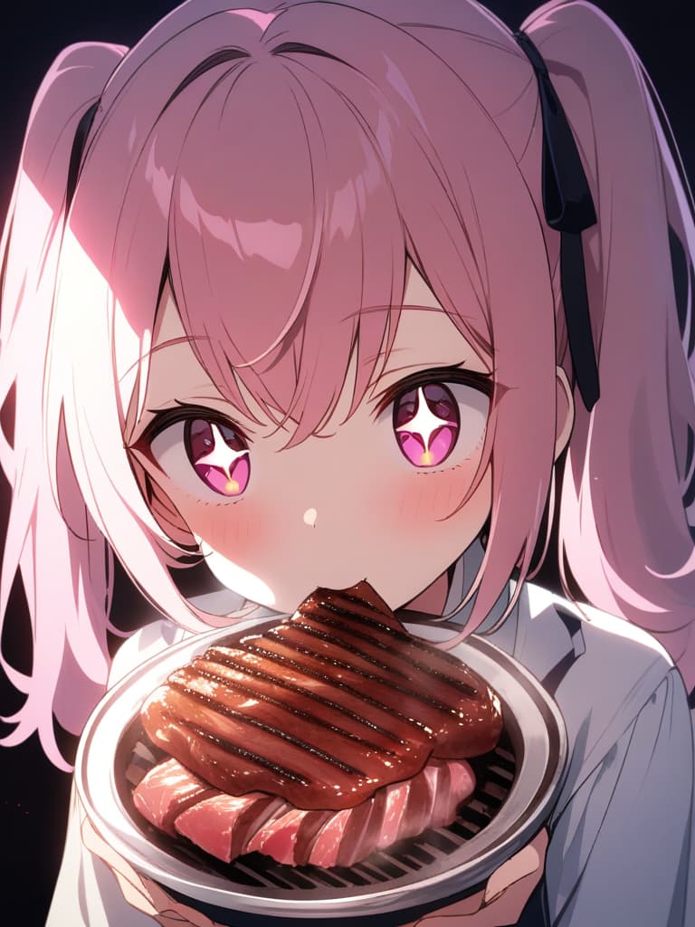  ((yakiniku, eating yakiniku,sparkling eyes,cute,stuffing meat into her mouth)),((pink hair,twin tails,pink eyes,,yakiniku))、ultra detailed,best shadow,cute and beautiful face,(masterpiece:1.2),(best quality:1.2),detailed background,high contrast,(best illumination,an extremely delicate and beautiful),((cinematic light)),hyper detail,dramatic light,intricate details,8k,anime,very aesthetic