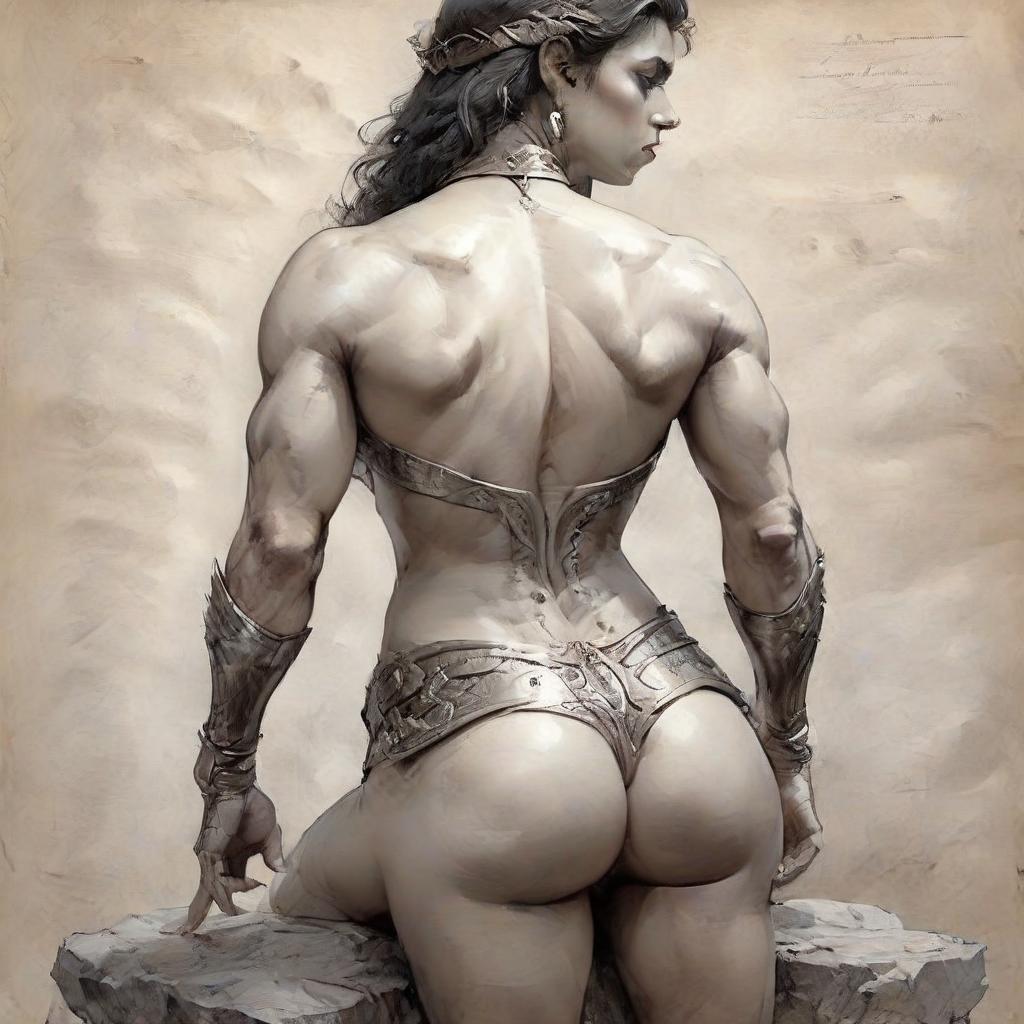  hyperrealistic art picture, professional, hyperrealistic drawing in the style of boris vallejo, julia bell, masterpiece, work of art; sitting on a stone ancient greek amazon in armor, muscular abdominal press, gracefully curved back, convex, elastic buttocks, muscular shins. mysticism, fantasy, atmospheric, filigree, ideal detailing of the image, the highest quality, many details, fine drawing, attention to detail. professional drawing in the style of boris vallejo, julia bell, masterpiece, work of art . extremely high resolution details, photographic, realism pushed to extreme, fine texture, incredibly lifelike, on parchment, oil painting