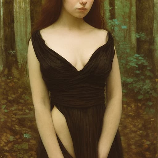 analog style Highly detailed moody dark Portrait of a breathtakingly lovely, wild Witchling nymph deep in the woods painted by John William Waterhouse andRembrandt. She has a beguiling face and is looking directly at the viewer. Her eyes are breathtakingly lovely, engaging and mysterious. She has long, wild, unkempt dark hair. Gorgeous, highly detailed , ornate composition using the golden ratio.