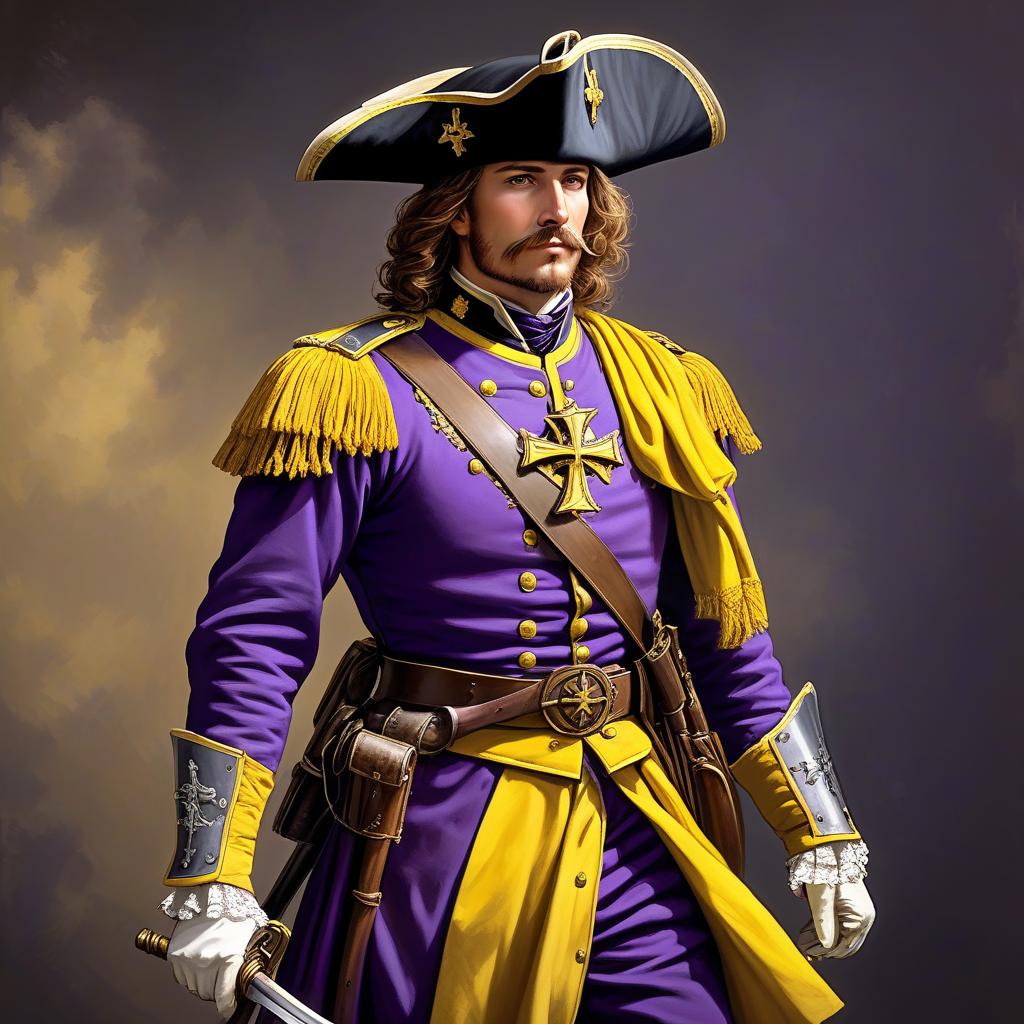  renaissance style an ancient portrait of a military musketeer from the 1880s. purple uniform with yellow elements, yellow german cross on his chest and musket hanging from behind on his back. . realistic, perspective, light and shadow, religious or mythological themes, highly detailed