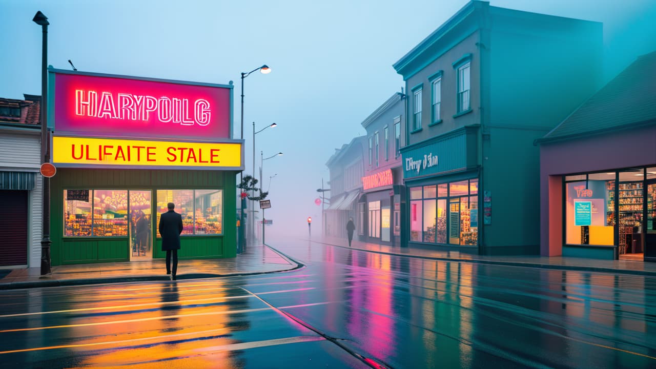  a split image: one side shows a bustling franchise location with happy customers and employees, while the other side features an empty storefront with a for sale sign, emphasizing contrast in success and investment. hyperrealistic, full body, detailed clothing, highly detailed, cinematic lighting, stunningly beautiful, intricate, sharp focus, f/1. 8, 85mm, (centered image composition), (professionally color graded), ((bright soft diffused light)), volumetric fog, trending on instagram, trending on tumblr, HDR 4K, 8K