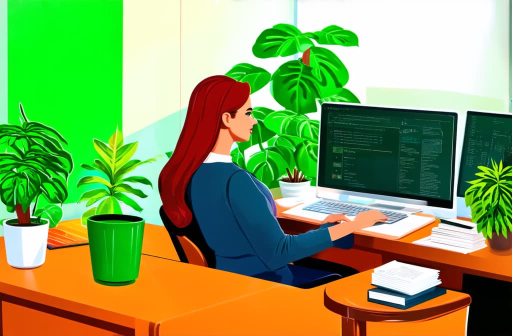  work from home woman working at her desk at home with cat and plants. modern vector illustration of home office concept. ar 3:2 {prompt}, maximum details