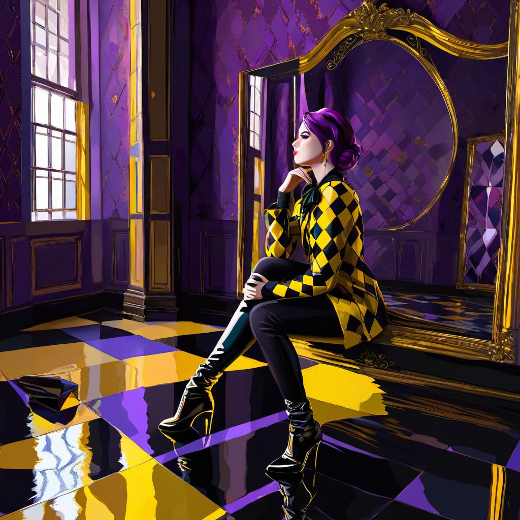  a young woman with a harlequin outfit color purple and yellow with black in a dark mirror room sitting on the corner floor touching her reflection on the mirror wall her reflection is a dark version of her is reflected on the mirror, award winning, professional, highly detailed, masterpiece