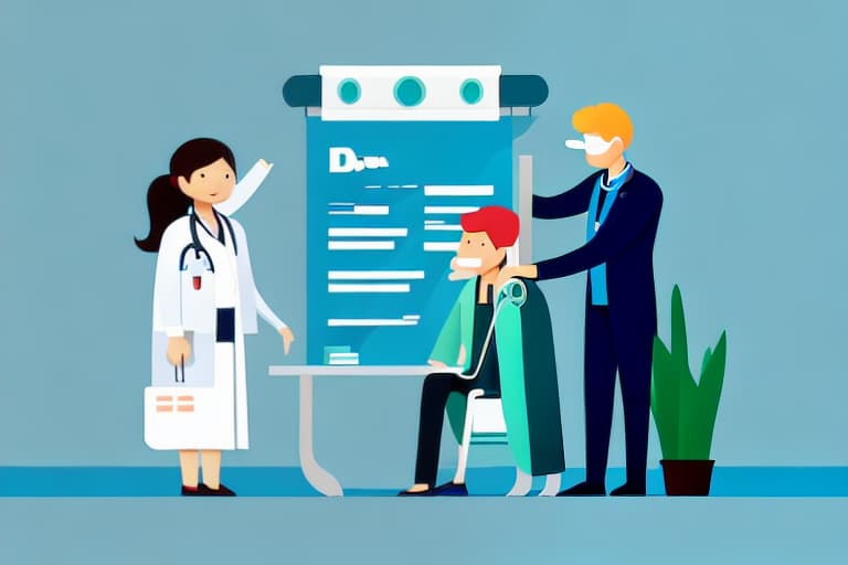  Design minimalist illustration graphic of a doctor checking patient, vector banner style, clear concept
