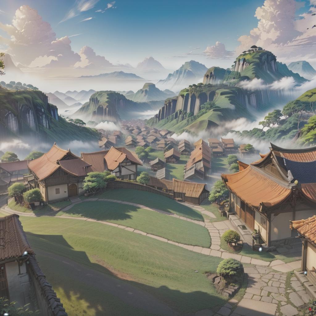  anime artwork a bird's eye view of the village . anime style, key visual, vibrant, studio anime, highly detailed, civitai hyperrealistic, full body, detailed clothing, highly detailed, cinematic lighting, stunningly beautiful, intricate, sharp focus, f/1. 8, 85mm, (centered image composition), (professionally color graded), ((bright soft diffused light)), volumetric fog, trending on instagram, trending on tumblr, HDR 4K, 8K