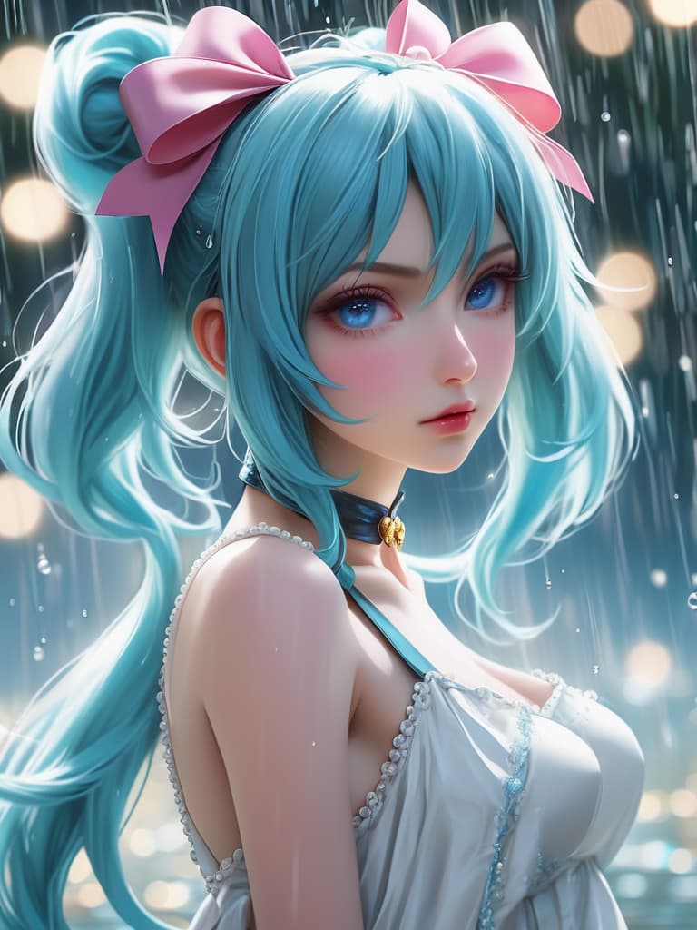  masterpiece, beautiful , beautiful eyes like pearl, extremely delicate facial depiction, heavy rain, medium shot, exaggerated perspective, poster, androgyny, fashion, dramatic lighting, strong tones, 32k uhd, 1, solo, long hair, looking at viewer, bangs, blue eyes, hair ornament, bow, hair between eyes, twintails, very long hair, closed mouth, blue hair, upper body, hair bow, choker, looking back, blurry, from side, aqua eyes, looking to the side, aqua hair, black bow, night, depth of field, blurry background, bokeh, hatsune miku, 1, solo, , , close up, legs up, legs together, lower body, 3d animation, skin texture, detailed hair, portrait, she is a silver haired woman with roughly cut bangs, a bone 