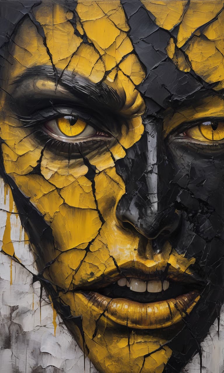  (palette knife oil painting:1.3) on (canvas:1.1), showcasing (cracked textures:1.2) with a dramatic split in half—(left side black color:1.1) and (right side yellow color:1.1). an (extremely close up view:1.2) of a (demonic face:1.3) emerges from the textures, featuring (blinded cloudy eyes:1.2) and (facial features blending seamlessly:1.1) with the (canvas textures:1.3). the (cracked demonic skin:1.3) reveals a haunting appearance, emphasizing a (dark art style:1.2) in this (surrealist portrait:1.3).