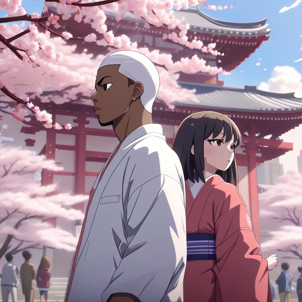  a white rapper breaks up with his girlfriend against a backdrop of cherry blossoms and a japanese temple. an outsider's view. style: anime. dvd screengrab.