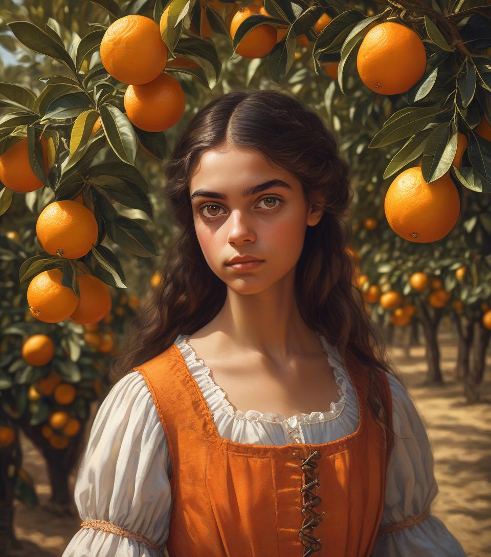  portrait of a young, dark and beautiful italian girl growing oranges from sicily in 17th century italian folk peasant clothing, dramatic lighting, depth of field, orange trees in the background. oranges should have a beautiful, even structure. incredibly high detail holding fresh oranges in hand