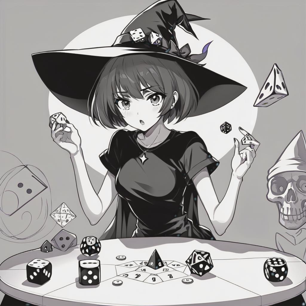  line art drawing girl in t shirt and black dress, with short hair, witch hat, throwing dice on table, same nightmare. anime style . professional, sleek, modern, minimalist, graphic, line art, vector graphics