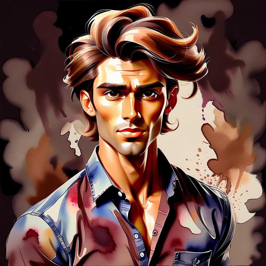  watercolor painting handsome guy, in a shirt, model, beautiful hairstyle, waist length, on a dark brown background . vibrant, beautiful, painterly, detailed, textural, artistic