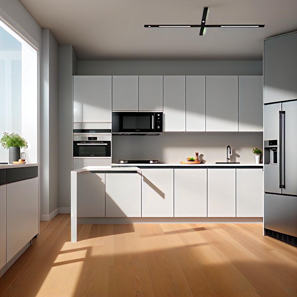  A modern and stylish kitchen interior designed by TuRum, featuring minimalist design with a combination of light and neutral colors (white, gray, wooden tones) and sleek black accents. The kitchen includes built-in appliances like an oven, microwave, and dishwasher, with spacious cabinets and pull-out systems for optimal storage. The countertops are made of high-quality materials, and the layout is either straight or L-shaped to fit small spaces. Additional elements include bottle holders, organizers, railings, and hidden hoods. The overall look is clean, functional, and elegant, with a focus on practicality and ease of maintenance. hyperrealistic, full body, detailed clothing, highly detailed, cinematic lighting, stunningly beautiful, intricate, sharp focus, f/1. 8, 85mm, (centered image composition), (professionally color graded), ((bright soft diffused light)), volumetric fog, trending on instagram, trending on tumblr, HDR 4K, 8K