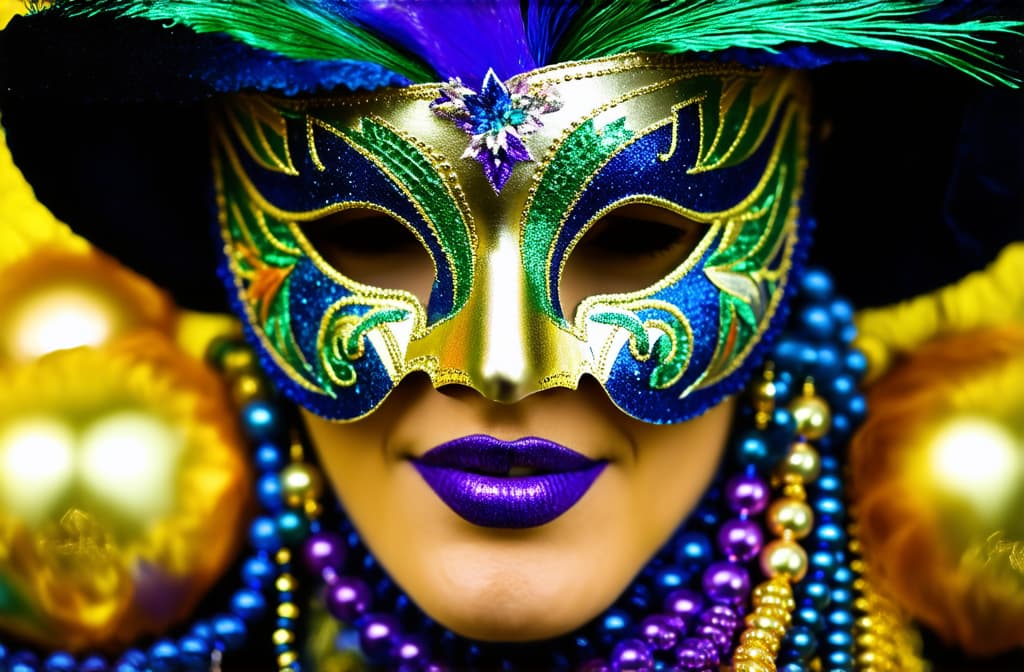  a bright festive demonstration of mardi gras masks and beads ar 3:2, (natural skin texture), highly detailed face, depth of field, hyperrealism, soft light, muted colors