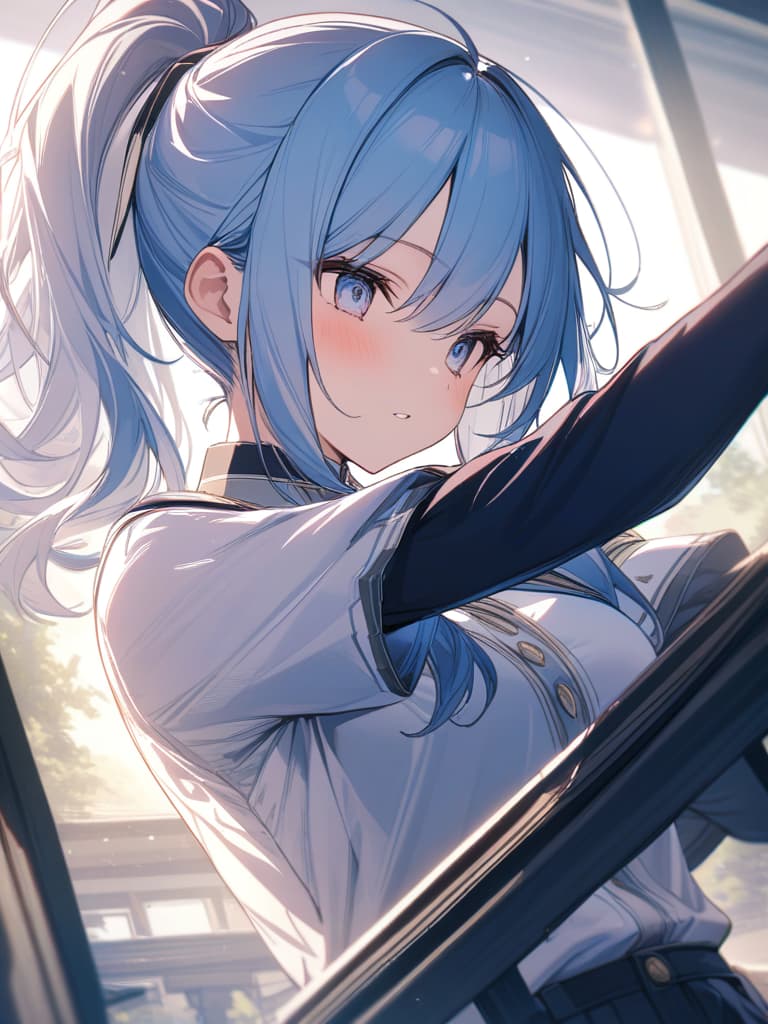  beautiful girl, light blue hair character, ponytail, moe sleeve, masterpiece, best quality,8k,ultra detailed,high resolution,an extremely delicate and beautiful,hyper detail