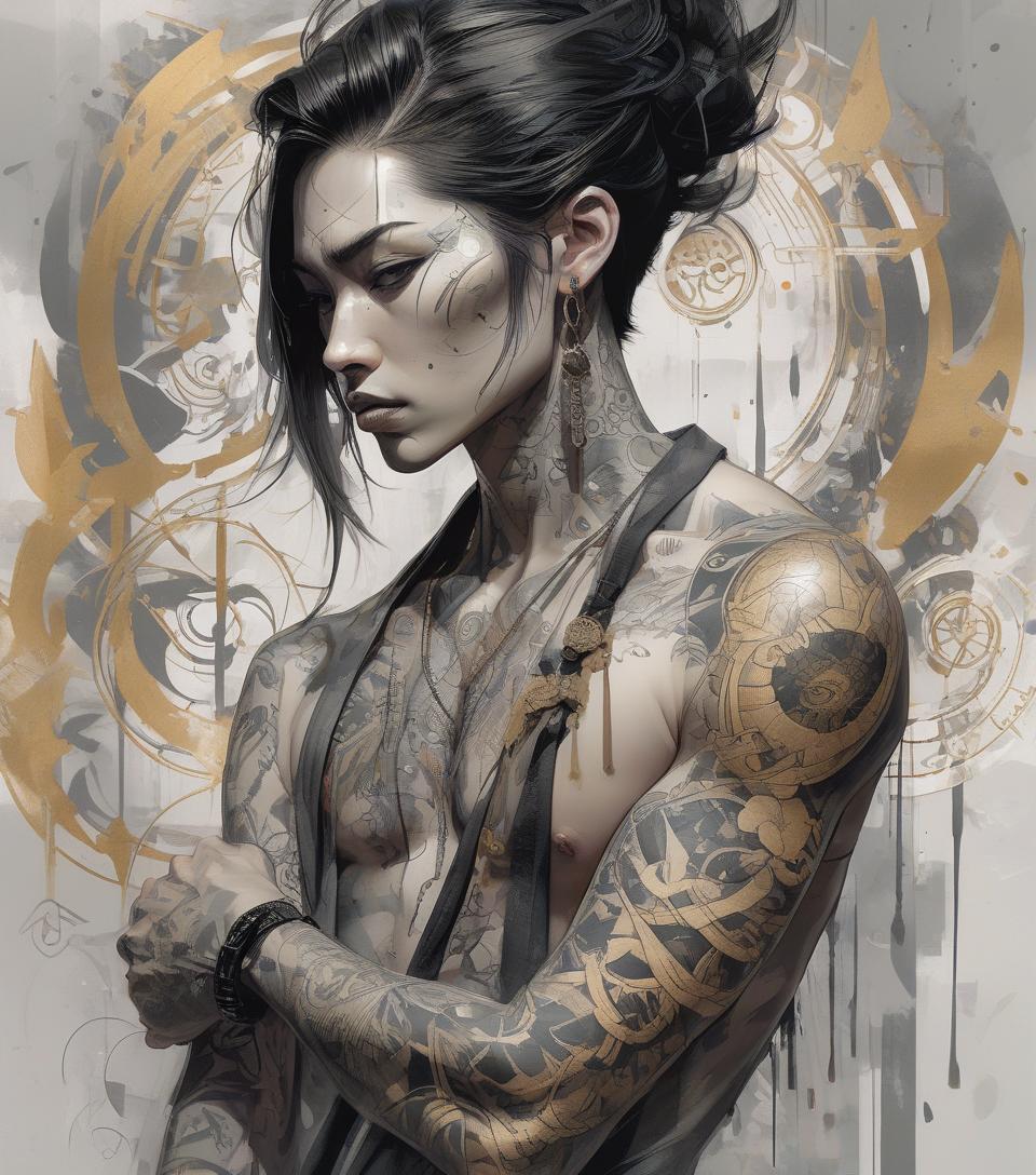  aesthetic, painterly style, modern ink, asian , sensual, dark , yakuza tattoo, expressive pose, urbanpunk, multi layered abstract texture background, neo expressionist, russ mills, ian miller, harrison fisher, brian froud, jeremy mann, steadman, hanuka, klimt, bell, hobbie, newton, greg rutkowski, atmospheric, hyperdetail, artstation trend, artgerm, deviant art, octane, masterpiece, complex art, intricate details, matte film poster painting, golden ratio, trending on cgsociety, incredibly detailed and stunningly beautiful