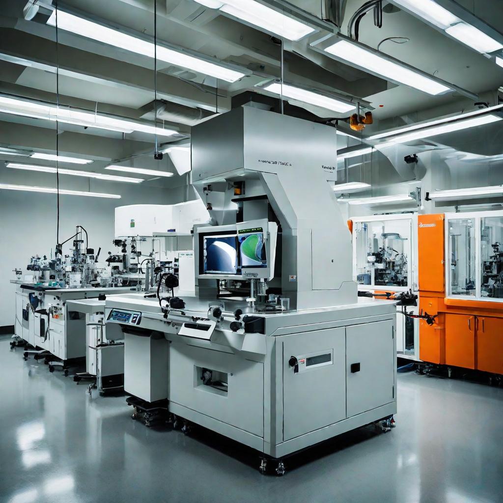  masterpiece, best quality, A close-up photograph of a nano-fabrication lab showing intricate machinery and tools used to manipulate materials at the nanoscale. The environment is sterile and high-tech, with shiny surfaces and advanced equipment scattered throughout the room. The mood is focused and scientific, with researchers in lab coats working diligently on their experiments. Style: Photography. Lighting: Bright, white fluorescent lights to showcase the precision of the equipment. Realization: High-resolution camera capturing the intricate details of the nano-fabrication tools and materials.