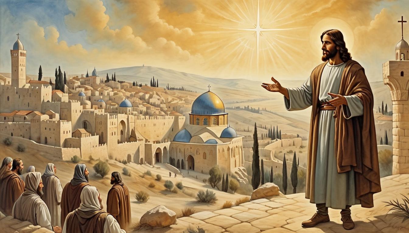  on parchment, surrealism+++, jesus, standing with disciples, gesture of explanation, serene expressions on most, background of jerusalem like landscape, warm light, contemplative(mysterious, provocative, symbolic,muted color)+++