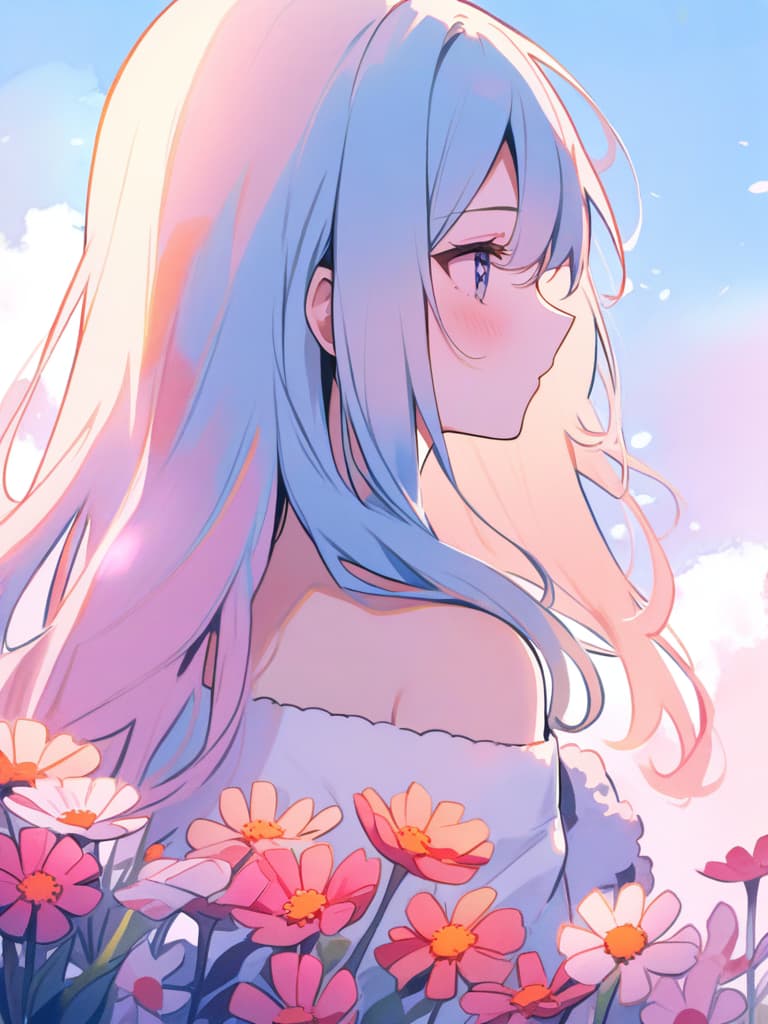  masterpiece,(pastel watercolor style with pink,light blue and white:1.5),(cosmos blooming meadow:1.5),(super beautiful girl),(long fluffy hair:1.2),,profile,sunset,high quality,8k