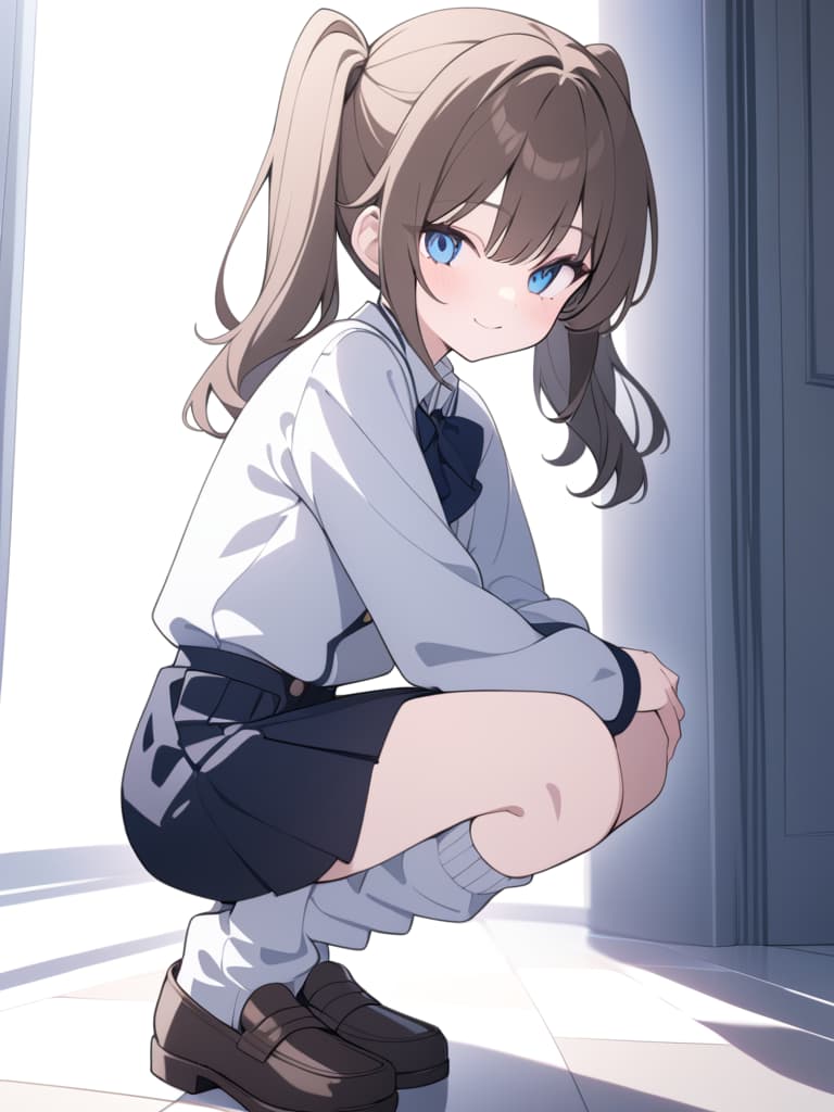  ((cute,crouching,crouching posture: 1.5,)),((pigtails,brown hair,wavy hair,blue eyes,cute,uniform,gal,loose socks: 1.7,smiling,open hands,stylish,stylish gal,loafers))、ultra detailed,best shadow,cute and beautiful face,(masterpiece:1.2),(best quality:1.2),detailed background,high contrast,(best illumination,an extremely delicate and beautiful),((cinematic light)),hyper detail,dramatic light,intricate details,8k,anime,very aesthetic