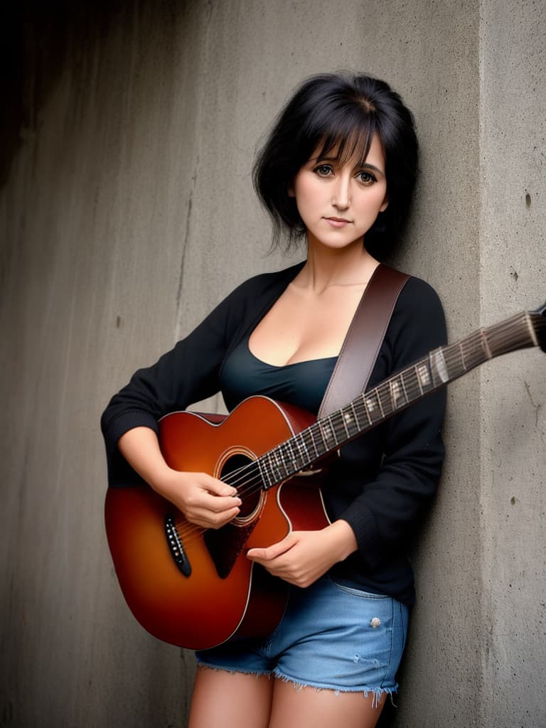  A younger Country singer Joan Baez, medium shot, upper body, spotlight, long exposure lighting, street art style spray paint, glamour lighting