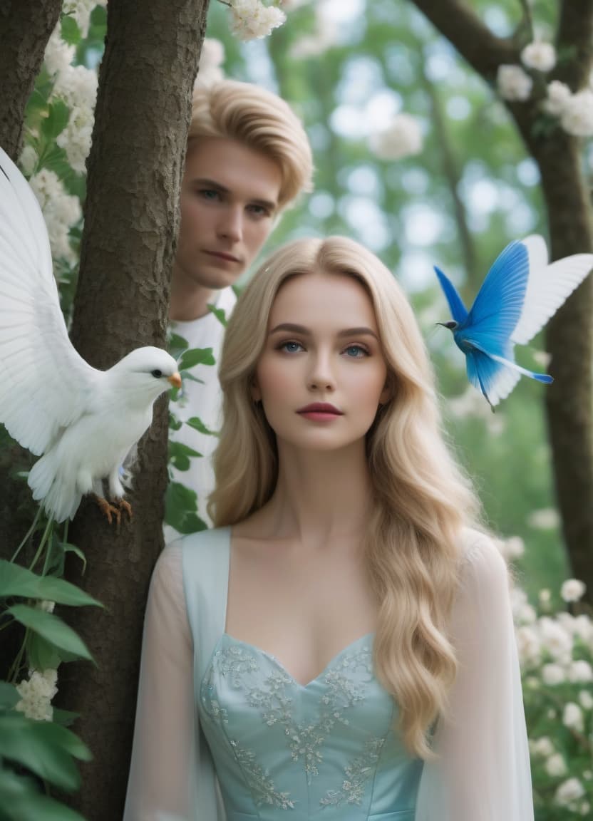  cinematic film still fairytale images, fantasy characters. against the background of a flowering forest, two people in full height. they're looking at each other. left: the wind is a guy. he has white wings and blue eyes. right: the tree is a girl. she has blond and green eyes. she doesn't have wings. . shallow depth of field, vignette, highly detailed, high budget, bokeh, cinemascope, moody, epic, gorgeous, film grain, grainy, hkmagic