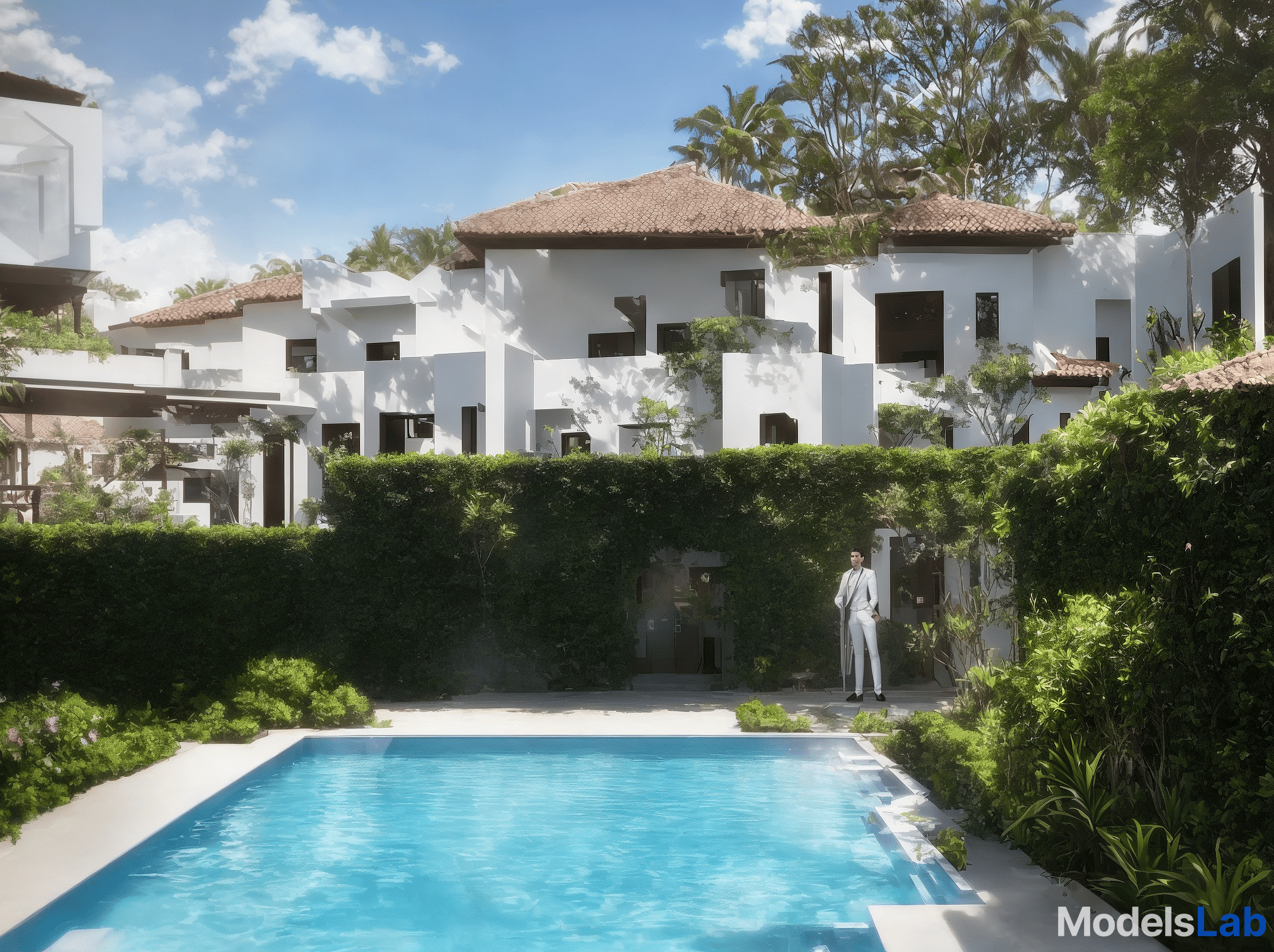  beautiful spanish villa, contemporary, with pool, tropical garden, bright sky and weather hyperrealistic, full body, detailed clothing, highly detailed, cinematic lighting, stunningly beautiful, intricate, sharp focus, f/1. 8, 85mm, (centered image composition), (professionally color graded), ((bright soft diffused light)), volumetric fog, trending on instagram, trending on tumblr, HDR 4K, 8K