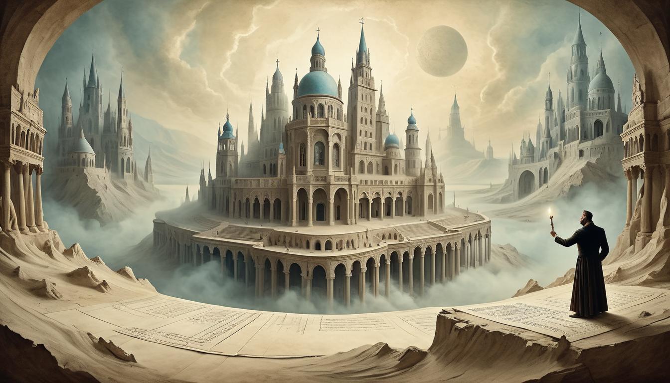  on parchment, surrealism+++, hands reaching for a breathtaking architectural masterpiece, but grasping nothing but dust, elaborate contrasts, dreamlike frustration(mysterious, provocative, symbolic,muted color)+++