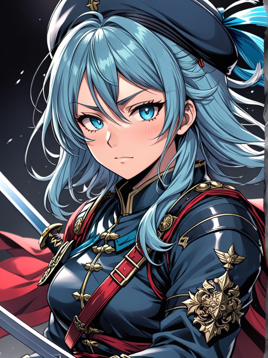  manga artwork woman version of oda nobunaga from fate. her outfit that looks like a military uniform is something she prepared as a hobby when she was drafted as a servant. with a black military hat with red details. gold details on his military outfit, red uniform. she has light blue eyes, silver and cyan blue hair, very long. menacing sword, larger and sharper sword. menacing expression, hunter's eyes. details, 8k.. manga artist. manga, highly emotional. best quality, high resolution