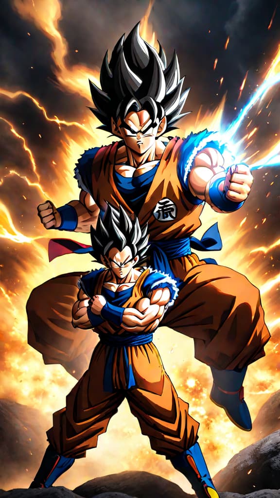  anime art of goku and vegeta facing their toughest foe in an explosive battle. hyperrealistic, full body, detailed clothing, highly detailed, cinematic lighting, stunningly beautiful, intricate, sharp focus, f/1. 8, 85mm, (centered image composition), (professionally color graded), ((bright soft diffused light)), volumetric fog, trending on instagram, trending on tumblr, HDR 4K, 8K