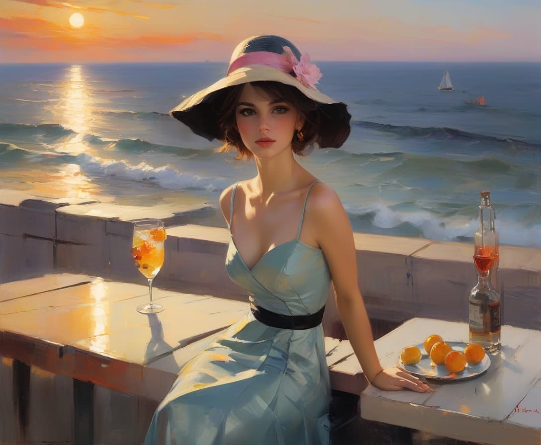  concept art landscapes sunset by konstantin razumov and mikhail garmash and volegov, modern woman embankment by the sea, embankment by the sea, street cafe, a girl in a beautiful bright summer dress sits with her back to us, very short haircut, a beautiful beach hat with large sides on her head, a cocktail on the table,, the sea in the distance, photo realism, full length seascape painting depicting a dark night scene on a stormy sea by volegov:40 konstantin razumov :40 mikhail garmash:20 styles of by thomas moran and claude monet peter wileman, keith negley, and martin ansin, seascapes, sea, sunrise, mikhail garmash, louis jover, victor cheleg, damien hirst, claude joseph vernet,blending styles of peter wileman, keith negley, and martin 