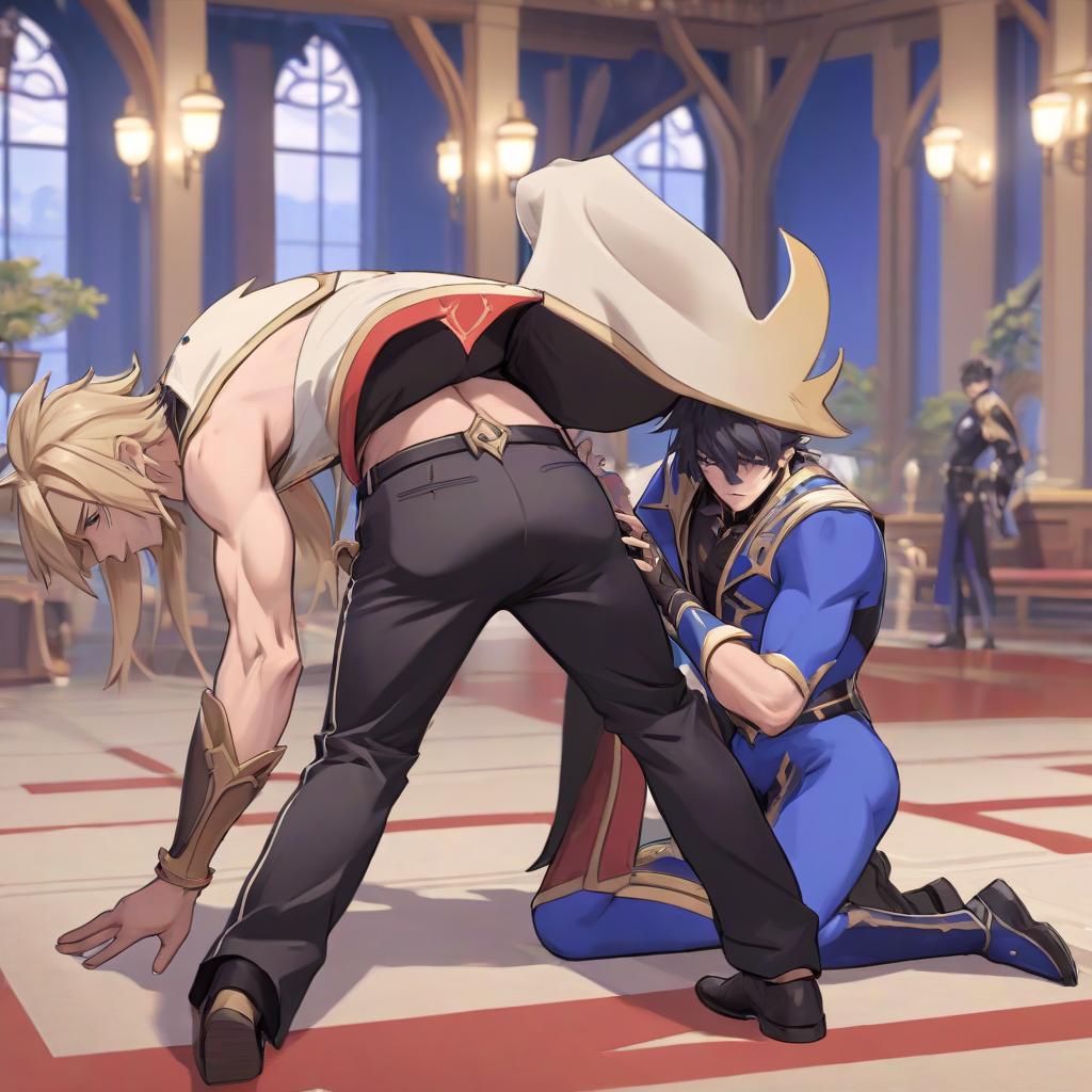  wriothesley (from the game genshin impact), bending over with his pants down in front of nevillette (from the game genshin impact)