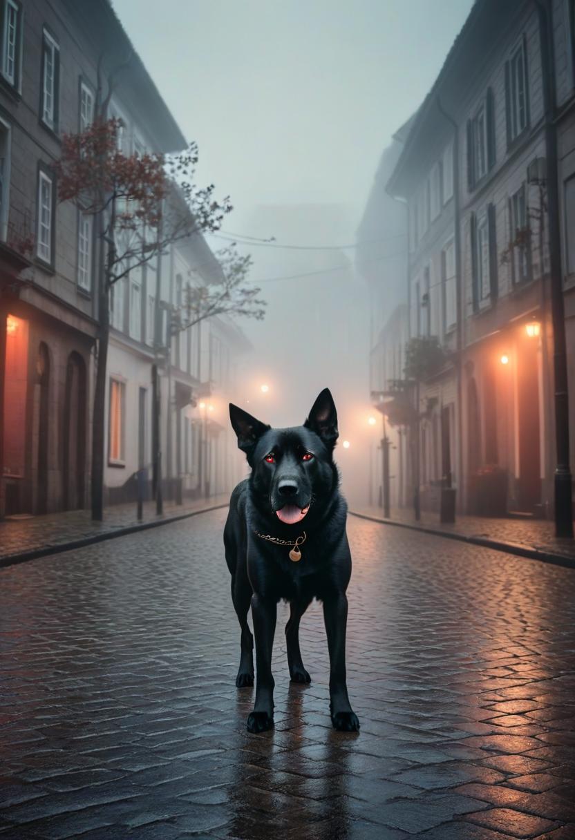  cinematic photo horror, dark, atmospheric, a small street in a dark city, a big evil dog with evil red fire eyes, very foggy, . 35mm photograph, film, bokeh, professional, 4k, highly detailed, film photography style hyperrealistic, full body, detailed clothing, highly detailed, cinematic lighting, stunningly beautiful, intricate, sharp focus, f/1. 8, 85mm, (centered image composition), (professionally color graded), ((bright soft diffused light)), volumetric fog, trending on instagram, trending on tumblr, HDR 4K, 8K