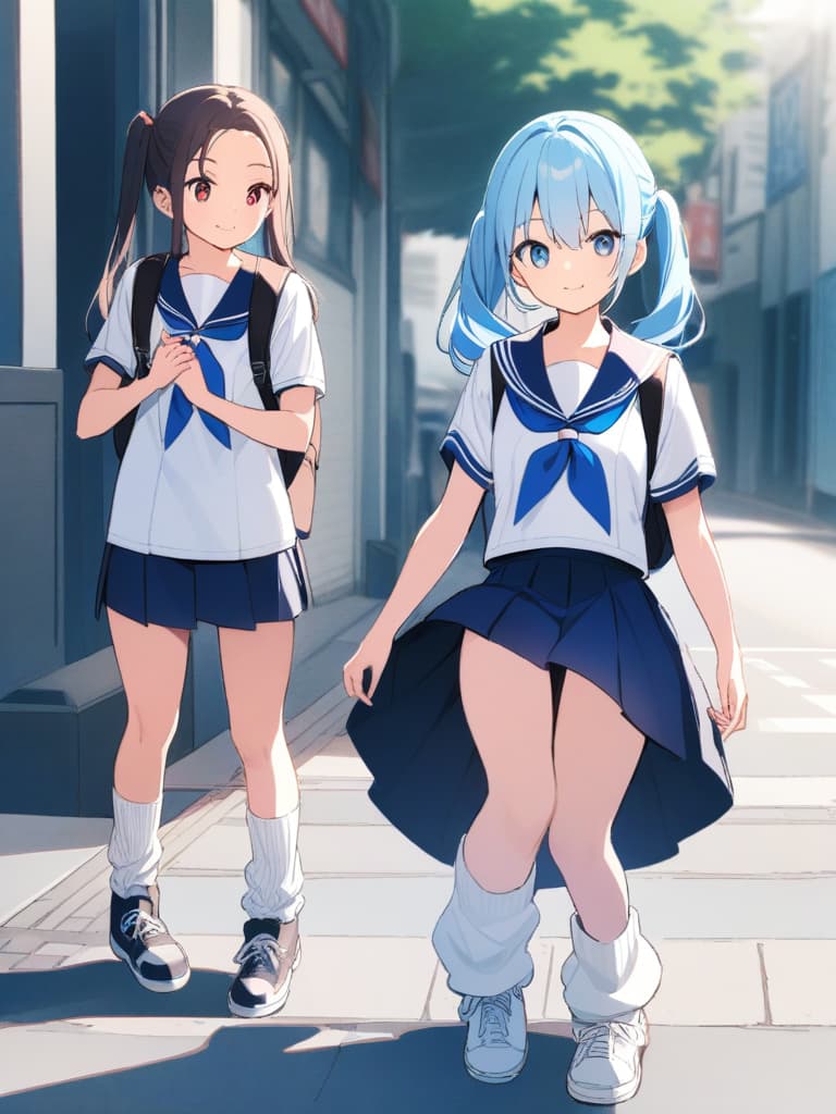  women's junior high students, uniforms, sailor uniforms, mini s, light blue hair twin tails, cute smiles, backpacks, ultra long loose socks, bottom sneakers, whole body, streets (detour),