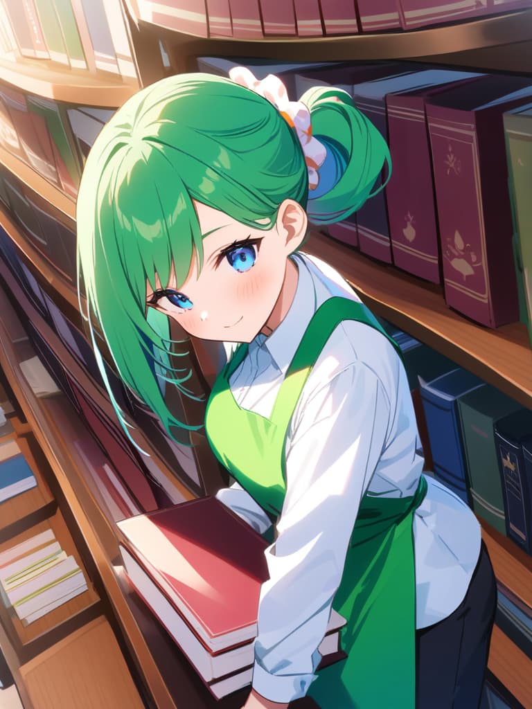  (hd:1.3),(4k 8k:1.5)apron,black pants,clothing,collared shirt,green apron,hair accessory,long sleeves,pants,polka dot pattern,long ponytail,scrunchie,shirt,tied hair,white shirt,blue eyes,green hair,(very smile:1.3),(blush:1.2),(inside a library filled with books) woman,long hair,standing