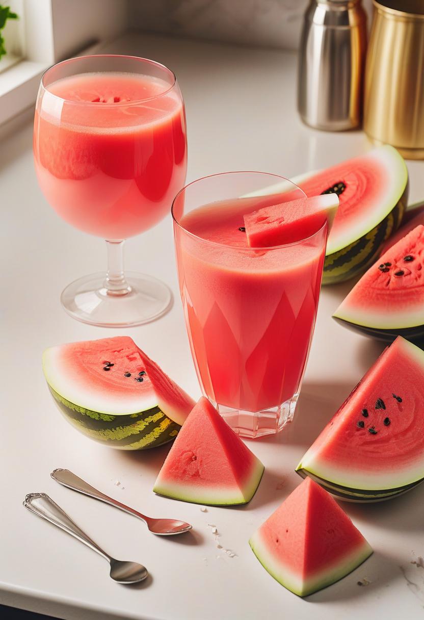  a glass of watermelon juice,pieces of watermelon,elegant kitchen