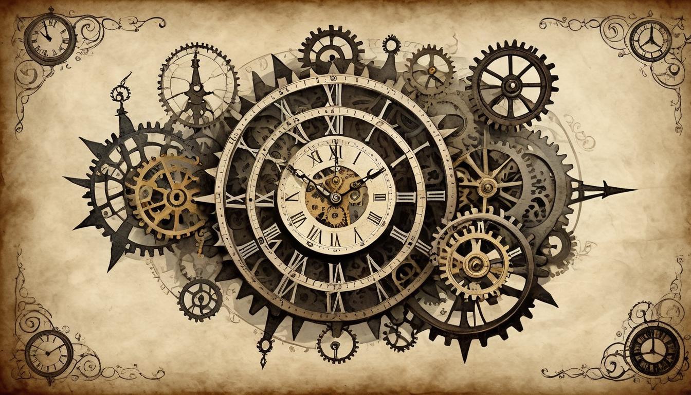  on parchment, surrealism+++, clockwork mechanism with intricate gears, ticking steadily, shadowy figures encircling, clock face with ominous symbols(mysterious, provocative, symbolic,muted color)+++