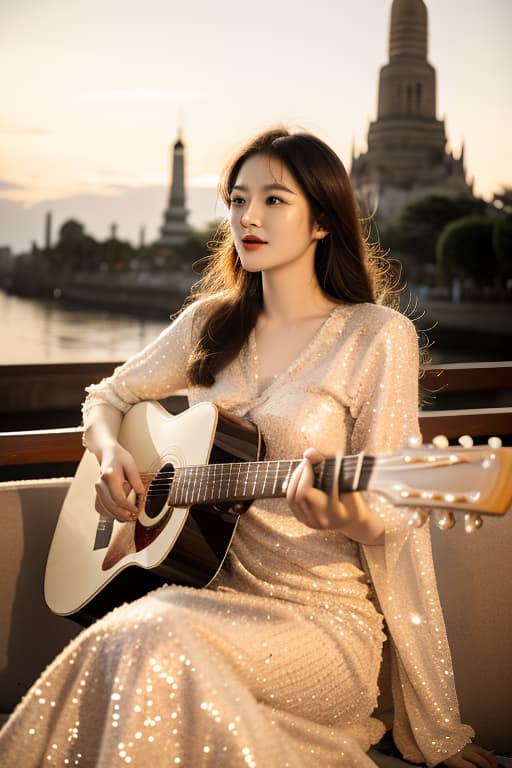  a girl in an orange thai dress plays a guitar. the background is wat arun ratchawararam in the morning., advertising photo,high quality, good proportion, masterpiece , the image is captured with an 8k camera